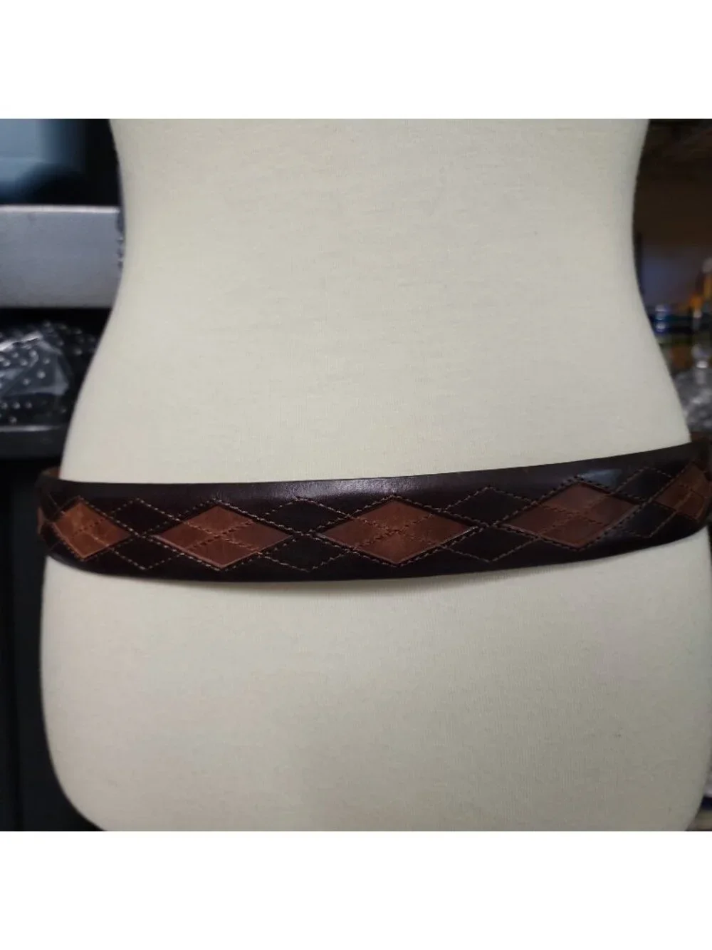 Brighton Belt Mens 34 Argyle Stitched Two Toned Brown Leather Fits 32-36